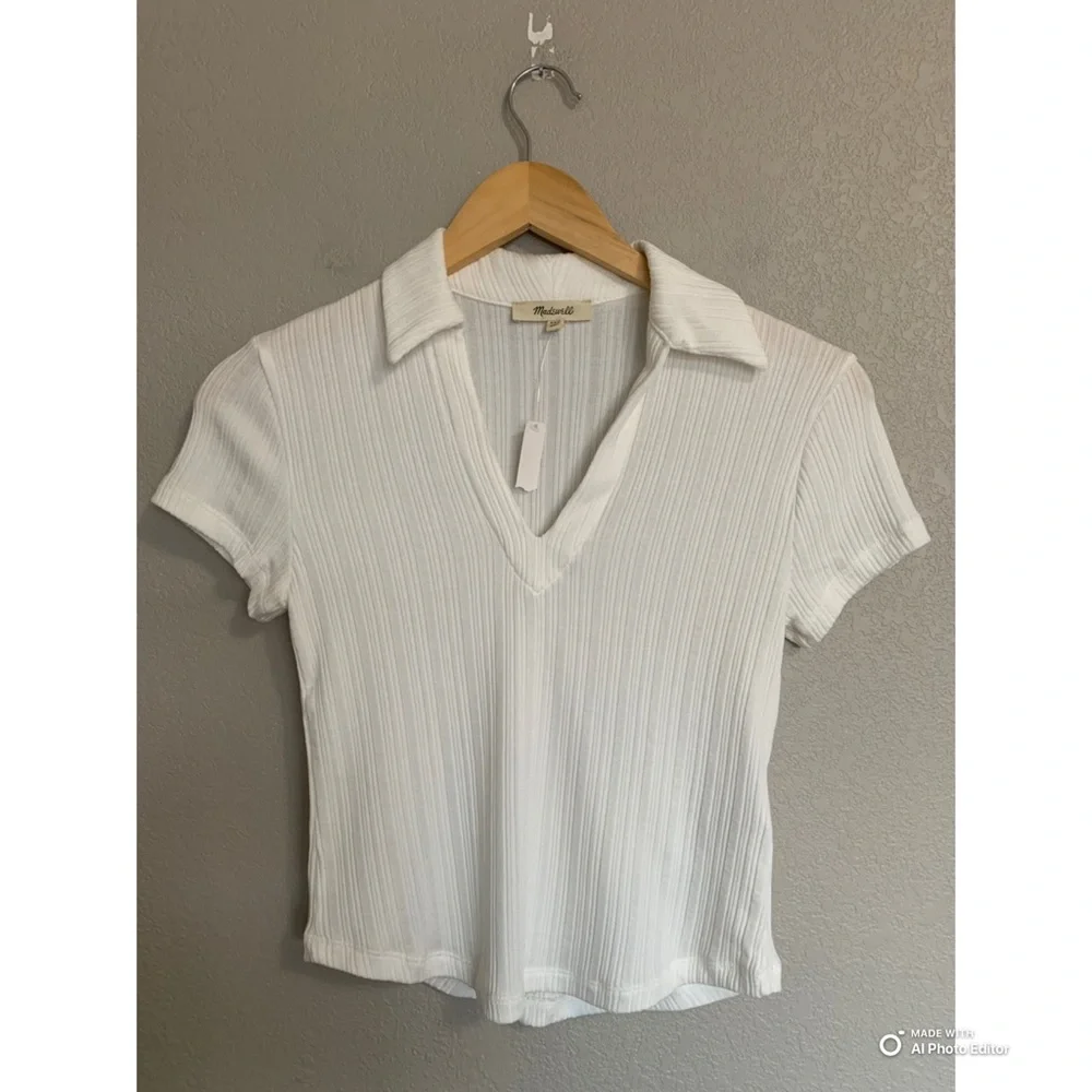 Madewell Ivory Ribbed V-Neck Polo Tee Size XXS NWT - Picture 3 of 17